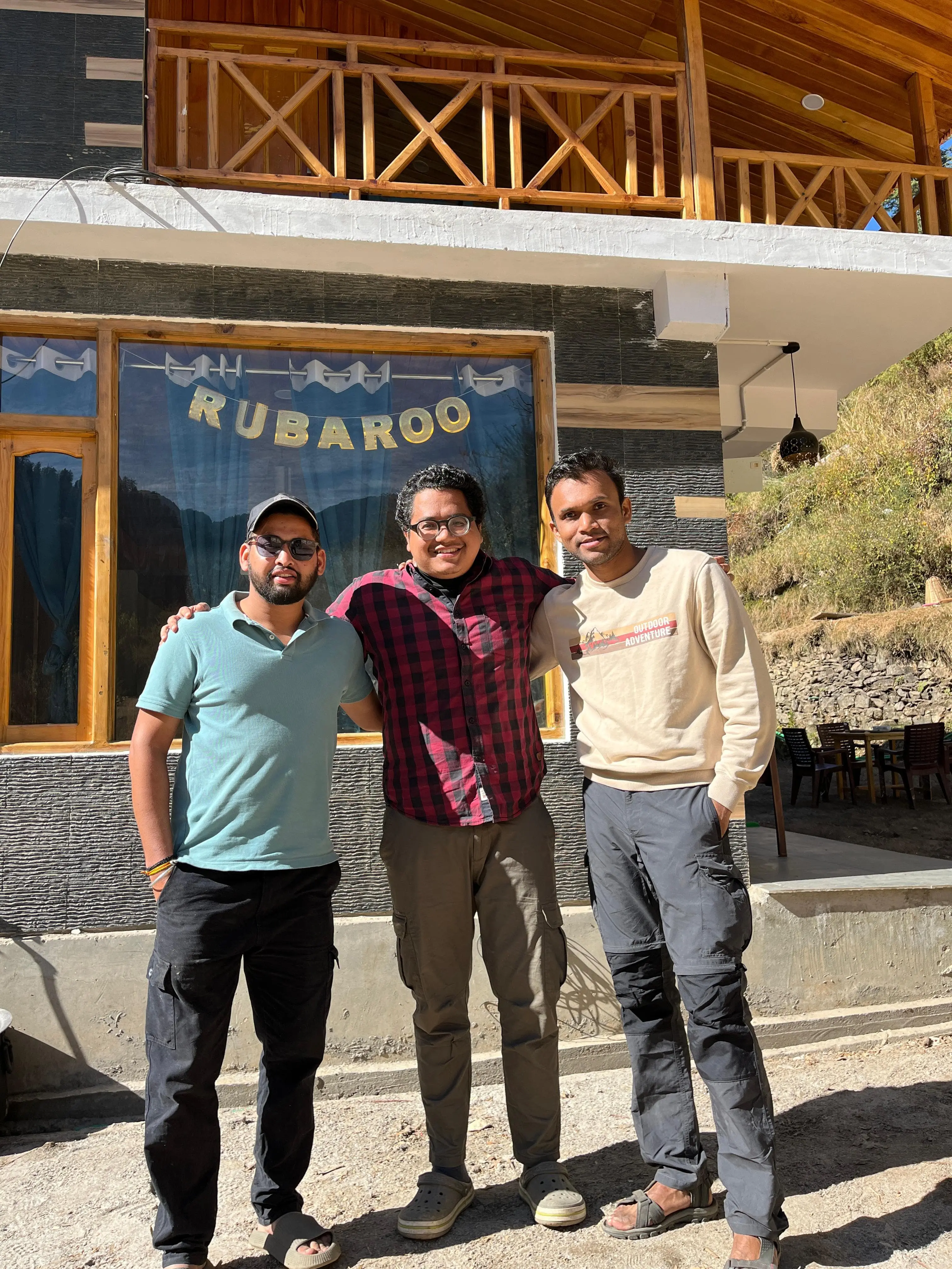 Founders of Rubaroo — Nikhil, Sanjay and Sanket — at Marutan Village, Jibhi, Himachal Pradesh